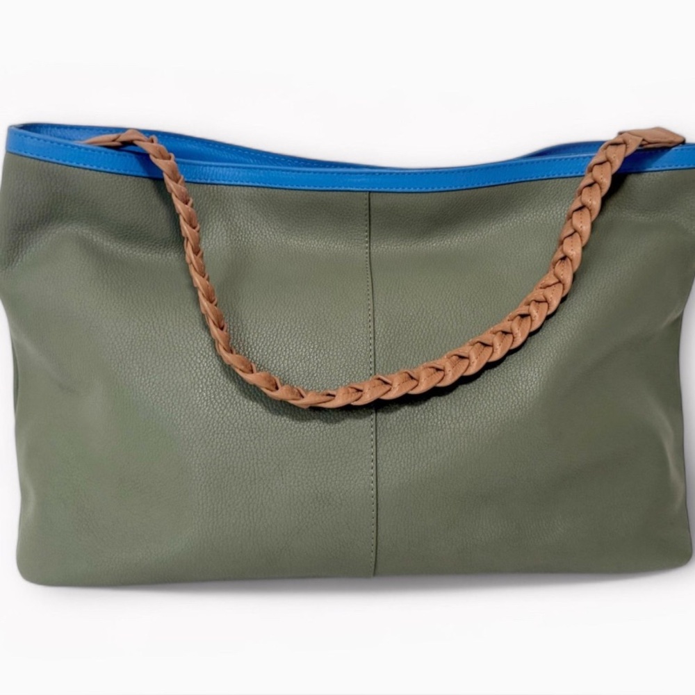 Capital Z Olive Green Slouchy Tote Bag with Blue Trim.